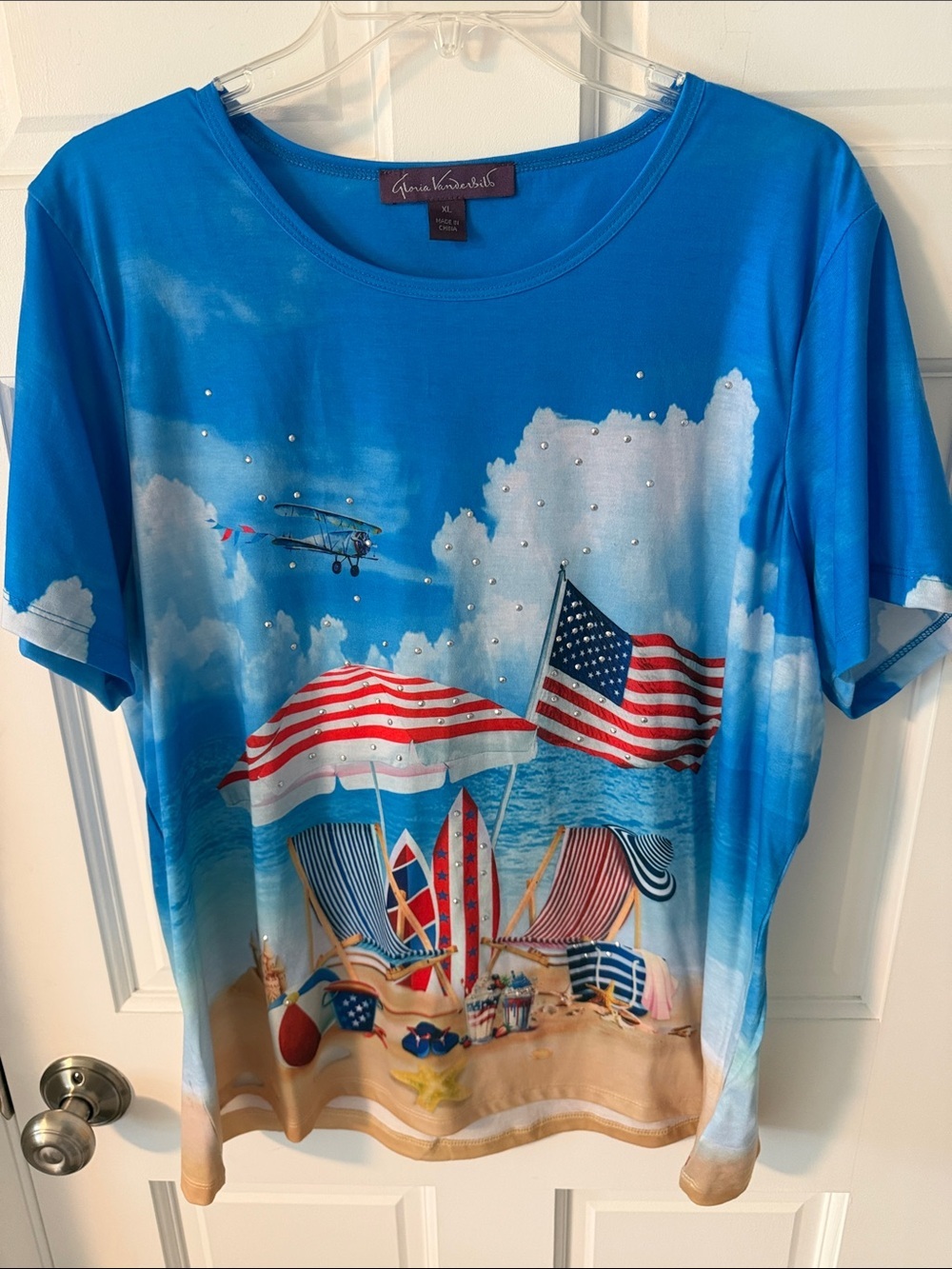 Gloria Vanderbilt patriotic beach scene t-shirt 4th of July Size XL
